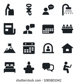 Set of vector isolated black icon - baby room vector, reception, shower, meeting, term, no hook, dialog, speaker, calendar, news, house, bedroom, motivation, man with notebook