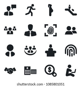 Set of vector isolated black icon - escalator vector, reception, handshake, speaking man, team, run, hospital, pregnancy, client, group, fingerprint id, company, estate agent, money search