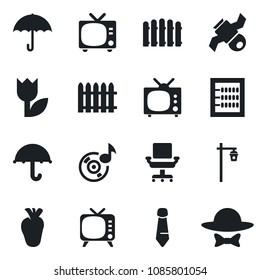 Set of vector isolated black icon - tv vector, tie, fence, garden light, real heart, satellite, umbrella, tulip, music, abacus, office chair, dress code