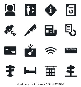 Set of vector isolated black icon - elevator vector, bomb in case, flight table, pen, document reload, signpost, satellite, mail, wireless, face id, news, bedroom, reserved, information, guidepost