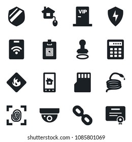 Set of vector isolated black icon - stamp vector, hose, shield, flammable, chain, protect, sd, identity card, vip zone, home control, fingerprint, app, combination lock, pass, surveillance