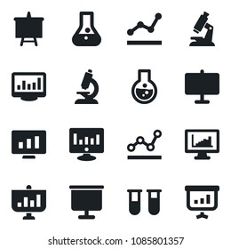 Set of vector isolated black icon - presentation board vector, statistic monitor, blood test vial, microscope, statistics, point graph, flask