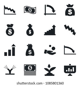 Set of vector isolated black icon - growth statistic vector, money bag, crisis graph, irrigation, investment, cash, presentation