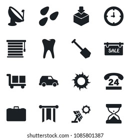 Set of vector isolated black icon - case vector, job, sun, seeds, tooth, 24 hours, clock, cargo, package, satellite antenna, sale, jalousie, panel, pennon, car, sand