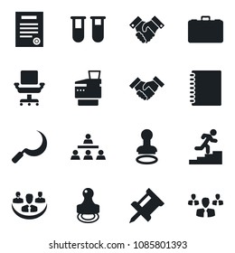 Set of vector isolated black icon - stamp vector, case, sickle, blood test vial, copybook, company, drawing pin, office chair, copier, hierarchy, handshake, contract, career ladder, group