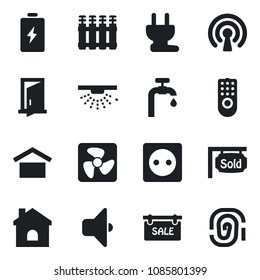 Set of vector isolated black icon - house vector, warehouse storage, water supply, sale, sold signboard, socket, power plug, fan, remote control, wireless, radiator, sound, door, battery, sprinkler