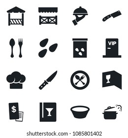 Set of vector isolated black icon - spoon and fork vector, seeds, cook hat, wine card, waiter, vip zone, alcove, restaurant receipt, bowl, knife, steaming pan