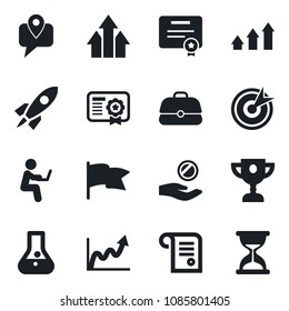 Set of vector isolated black icon - mobile tracking vector, target, arrow up graph, rocket, growth, investment, flask, flag, case, certificate, award cup, contract, man with notebook, sand clocka