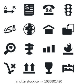 Set of vector isolated black icon - signpost vector, earth, traffic light, 24 hours, receipt, folder document, fragile, warehouse storage, up side sign, no trolley, sorting, flammable, search cargo