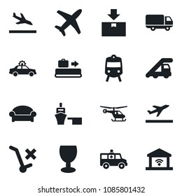 Set of vector isolated black icon - departure vector, arrival, baggage conveyor, train, waiting area, alarm car, ladder, helicopter, ambulance, plane, delivery, sea port, fragile, no trolley