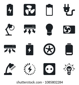 Set of vector isolated black icon - bulb vector, battery, low, charge, desk lamp, air conditioner, socket, power plug, fan, idea