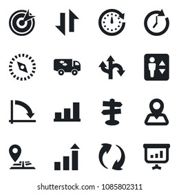 Set of vector isolated black icon - elevator vector, growth statistic, crisis graph, route, signpost, navigation, update, data exchange, compass, bar, moving, target, clock, presentation