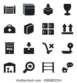 Set of vector isolated black icon - checkroom vector, doctor case, container, fragile, up side sign, no trolley, package, heavy scales, search cargo, rack, blank box, mailbox, warehouse