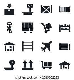 Set of vector isolated black icon - plane vector, cargo container, consolidated, up side sign, no hook, warehouse, package, heavy scales, rack