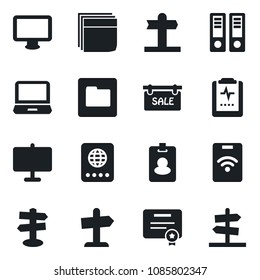 Set of vector isolated black icon - passport vector, office binder, pulse clipboard, signpost, monitor, laptop pc, folder, presentation board, blank box, sale, pass card, certificate, guidepost
