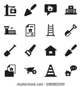 Set of vector isolated black icon - border cone vector, airport building, trowel, shovel, ladder, wheelbarrow, saw, hospital, house, estate document, crane, home message