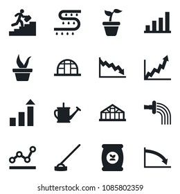 Set of vector isolated black icon - growth statistic vector, seedling, watering can, hoe, greenhouse, fertilizer, drip irrigation, bar graph, point, career ladder, crisis