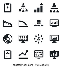 Set of vector isolated black icon - growth statistic vector, hierarchy, circle chart, monitor pulse, clipboard, statistics, point graph, crisis, presentation