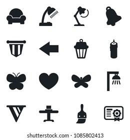 Set of vector isolated black icon - left arrow vector, pennant, butterfly, heart, themes, bell, desk lamp, cushioned furniture, restaurant table, candle, outdoor, pennon, certificate