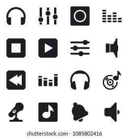 Set of vector isolated black icon - microphone vector, speaker, settings, equalizer, headphones, play button, stop, rewind, tuning, bell, record, music, sound