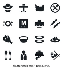 Set of vector isolated black icon - spoon and fork vector, waiter, restaurant table, serviette, cafe, menu, plates, dress code, chicken, kebab, ham, bowl, sushi
