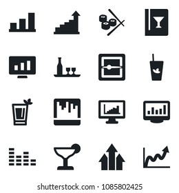 Set of vector isolated black icon - growth statistic vector, monitor, equalizer, scanner, statistics, bar graph, alcohol, wine card, cocktail, phyto, sushi, arrow up