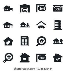 Set of vector isolated black icon - contract vector, house, with garage, tree, rent, sold signboard, estate search, smart home, city, eco