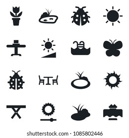 Set of vector isolated black icon - cafe vector, flower in pot, butterfly, lady bug, sun, pond, picnic table, brightness, pool, restaurant