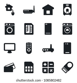 Set of vector isolated black icon - washer vector, calculator, monitor, speaker, phone back, sim, smart home, credit card, control, remote, router, usb flash