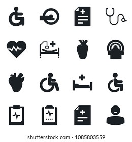 Set of vector isolated black icon - disabled vector, heart pulse, diagnosis, stethoscope, tomography, hospital bed, real, clipboard, patient