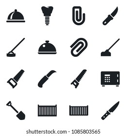 Set of vector isolated black icon - safe vector, job, saw, hoe, garden knife, implant, cargo container, paper clip, dish