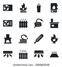 Set of vector isolated black icon - fire vector, hose, fireplace, thermometer, heater, air conditioner, candle, water, warm floor