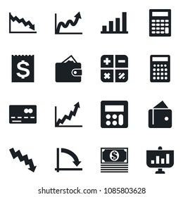 Set of vector isolated black icon - credit card vector, calculator, crisis graph, receipt, bar, wallet, growth, cash, presentation