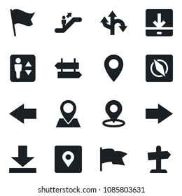 Set of vector isolated black icon - elevator vector, escalator, signpost, right arrow, left, route, pin, download, place tag, compass, flag, guidepost