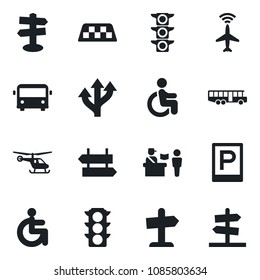 Set of vector isolated black icon - plane radar vector, taxi, airport bus, parking, passport control, signpost, helicopter, disabled, route, traffic light, guidepost