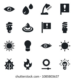 Set of vector isolated black icon - sun vector, bulb, lady bug, fire, eye, important flag, brightness, desk lamp, water, energy saving, idea