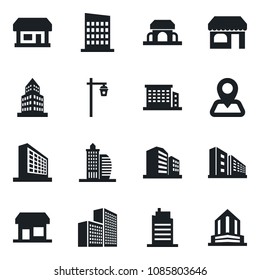 Set of vector isolated black icon - shop vector, office building, garden light, navigation, store, city house, cafe, storefront