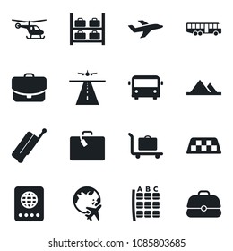 Set of vector isolated black icon - runway vector, taxi, suitcase, baggage trolley, airport bus, passport, helicopter, seat map, luggage storage, plane globe, mountains, case