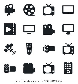 Set of vector isolated black icon - reel vector, satellite, tv, video camera, remote control, monitor