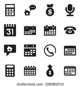 Set of vector isolated black icon - calendar vector, microphone, calculator, phone, home message, money bag