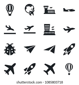 Set of vector isolated black icon - plane vector, departure, arrival, globe, airport building, lady bug, rocket, paper, air balloon