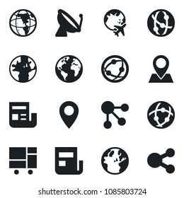 Set of vector isolated black icon - satellite antenna vector, plane globe, earth, pin, consolidated cargo, network, news, social media