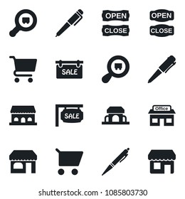 Set of vector isolated black icon - shop vector, pen, store, search cargo, sale, cafe building, open close, cart, storefront
