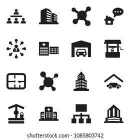 Set of vector isolated black icon - hierarchy vector, well, molecule, hospital, office building, garage, plan, home message