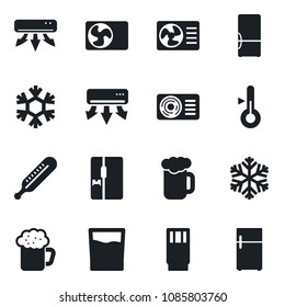 Set of vector isolated black icon - thermometer vector, air conditioner, fridge, drink, beer, snowflake