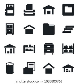 Set of vector isolated black icon - luggage storage vector, warehouse, oil barrel, rack, sd, folder, document, paper tray, archive box