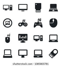 Set of vector isolated black icon - no laptop vector, mouse, notebook pc, statistic monitor, gamepad, usb flash