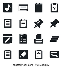 Set of vector isolated black icon - notepad vector, pulse clipboard, paper pin, notes, music, checklist, tray, schedule