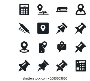 Set of vector isolated black icon - drawing pin vector, navigation, mobile tracking, paper, place tag, stapler, rolling, combination lock