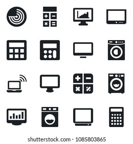 Set of vector isolated black icon - wireless notebook vector, radar, calculator, tv, monitor, statistics, washer